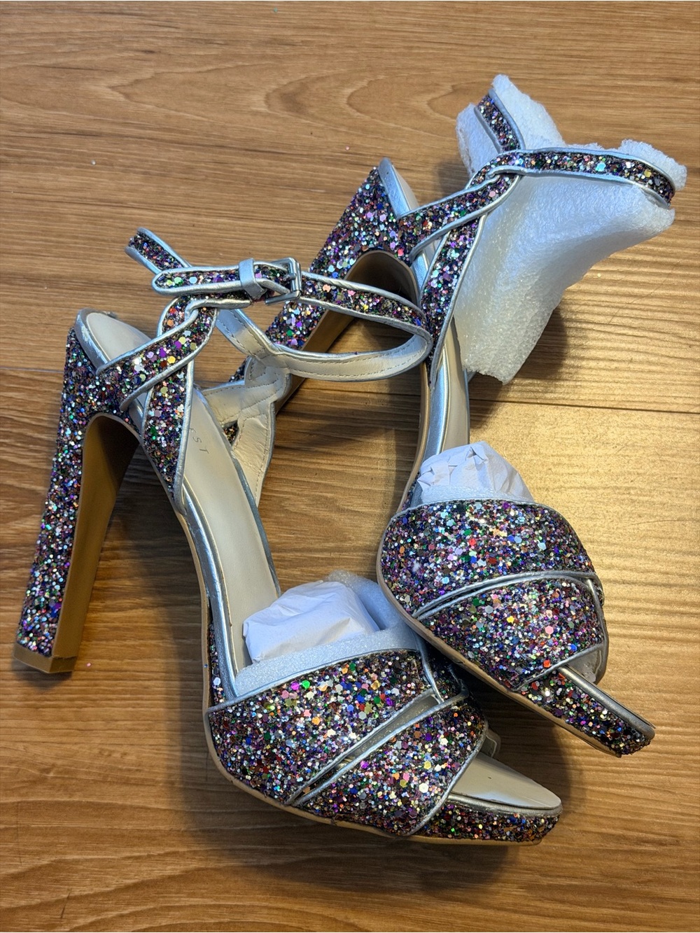 Nine West Multicolor Glitter Strappy Block Heel Sandals
